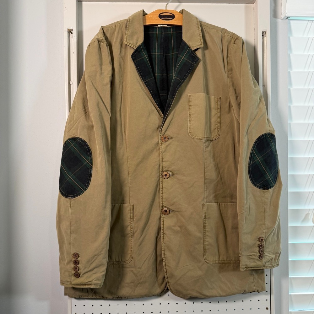 Tailor Vintage Blazer Men's Khaki Plaid Lined Elbow Patch Sport Coat - Large